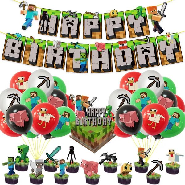 Altri articoli per feste per eventi Artigianato da minatore Decorazioni per feste di compleanno Palloncini Video World Pixel Game Banner Palloncini Cake Topper Gioco di cartoni animati Decorazioni per feste a tema 231005