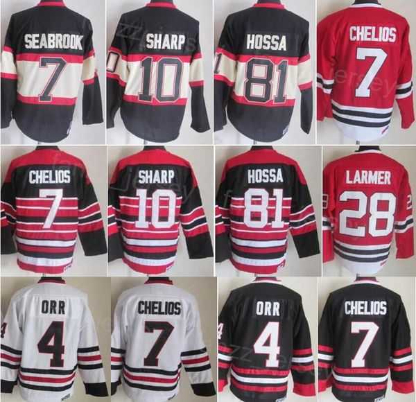 Homem Vintage Hóquei 7 Chris Chelios Jersey Retire 10 Patrick Sharp 81 Marian Hossa 28 Steve Larmer 4 Bobby Orr 30 Ed Belfour 8 Bill Mosienko Retro Clássico CCM Costurado