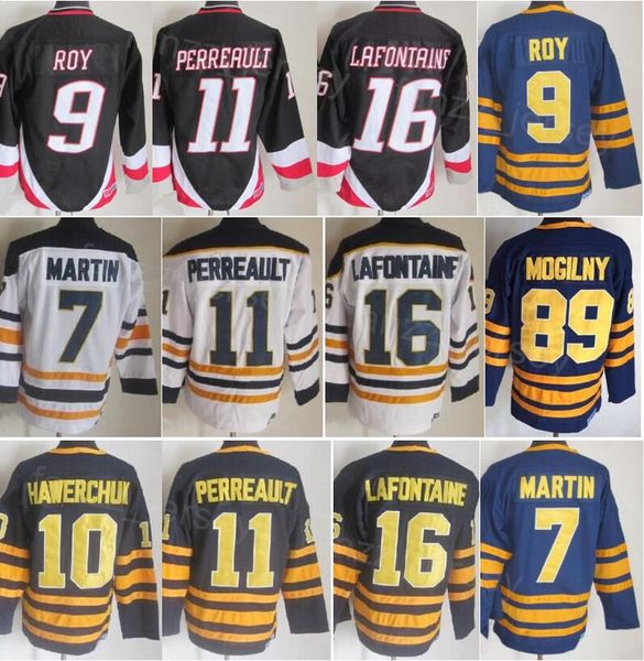 Uomo Vintage Hockey 11 Gilbert Perreault Jersey Retro 89 Mogilny 16 Pat LaFontaine 7 Rick Martin 26 Thoma Vanek 18 Danny Gare 10 Hawerchuk Sewing Blu Navy Bianco Nero