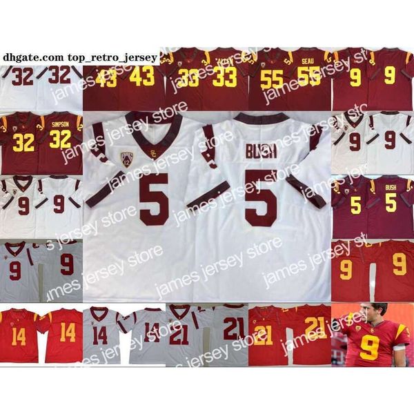 NOVO American College Football Wear USC Trojans Vintage costurado Mens Jersey Reggie Bush 32 OJ Simpson 14 Sam