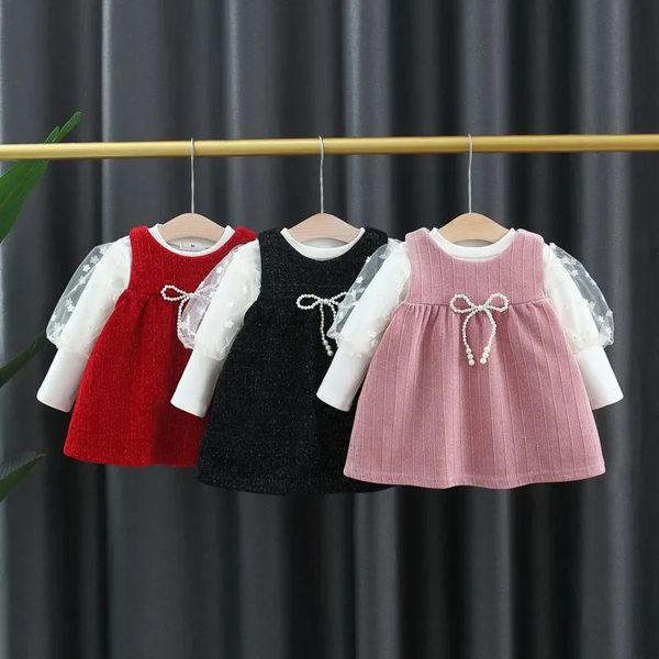 Set di abbigliamento Ragazze Set di abbigliamento di moda per bambini Maglioni + perle Abito con fiocco per bambini Bambini Primavera Autunno 2 pezzi Abiti da compleanno principessa 230927