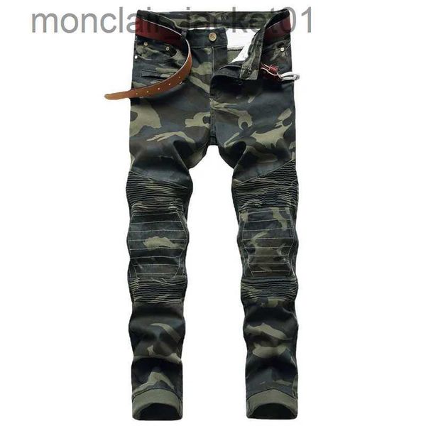 Herren Jeans Hochwertige neue Herren Ripped Cotton Slim Motorrad Herren Vintage Distressed Camouflage Denim Jeans Hiphop Hosen Dropshipping J231006