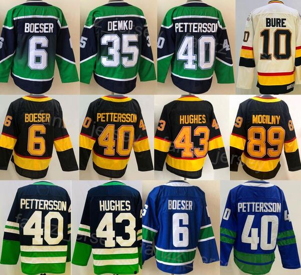 Hockey retrò inverso 35 Thatcher Demko Jersey Man 10 Pavel Bure 89 Mogilny 43 Quinn Hughes 6 Brock Boeser 40 Elias Pettersson Cuciti per i fan dello sport Colore della squadra