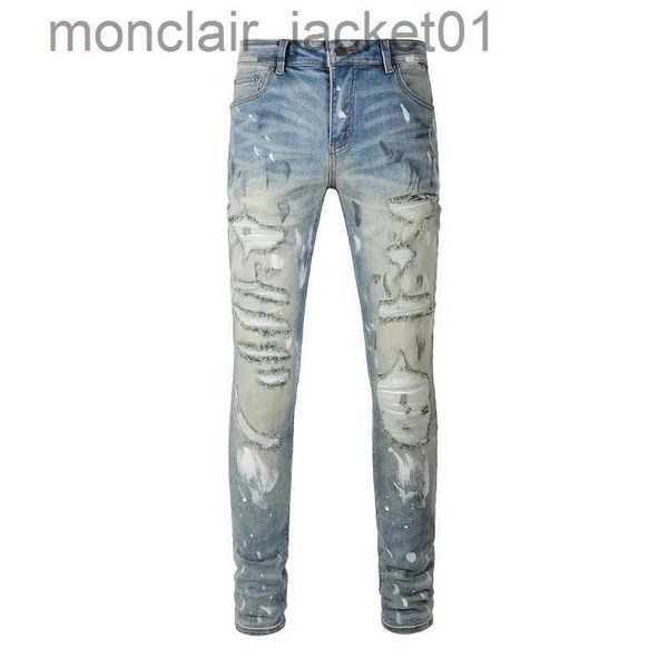 Jeans masculinos novos homens streetwear moda angustiado Silm Fit Light Blue Danificado Buracos Tie Dye Bandana Patchwork Rasgado Stretch Graffiti Jeans J231006