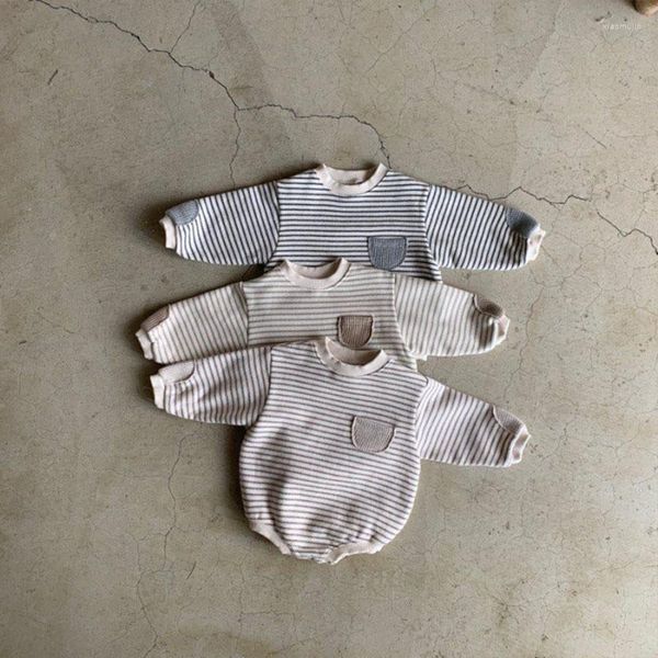 Salpanlar Sonbahar Kış Bebek Uzun Kollu Çizgili Bodysuit Toddler Erkek Kız Sevimli Cep Tulum Bebek Onesi Giysileri 0-24m
