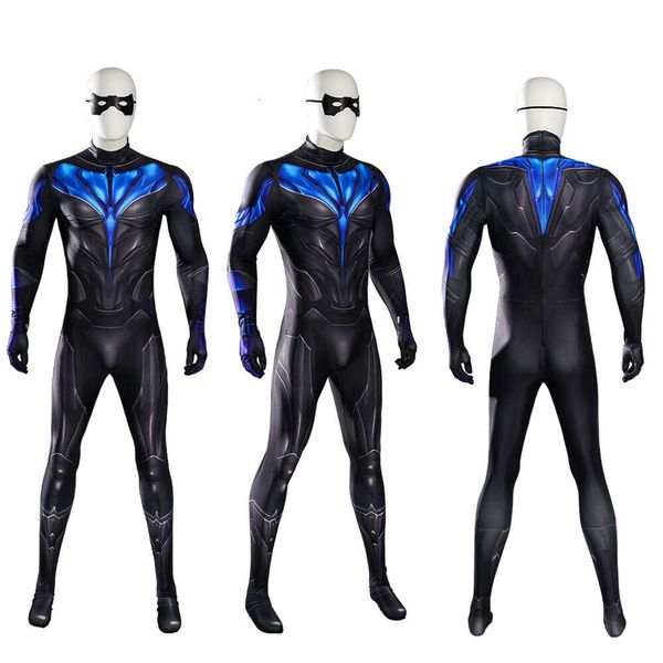 Man mavi ve siyah nightwing cosplay dick cosal kostüm 3d baskılı spandex bodysuit zentai kıyafet ile göz maskcosplay