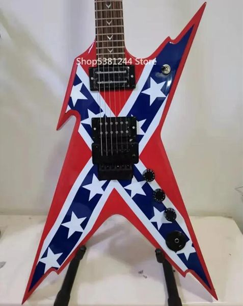 Raro Dimebag Darrell Razorback Rebel Confederate Flag Chitarra elettrica rossa Floyd Rose Tremolo Bridge Dime Razor Inlay Grover Accordatori Hardware nero Whammy Bar