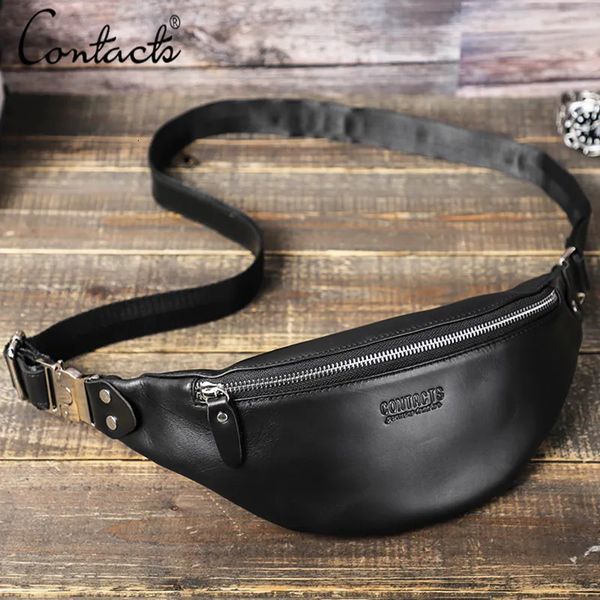 Sacos de cintura CONTACT'S Homens Pacotes de Cintura Genuíno Couro Viagem Fanny Pack Para Masculino Multifuncional Saco de Cintura 6.7 