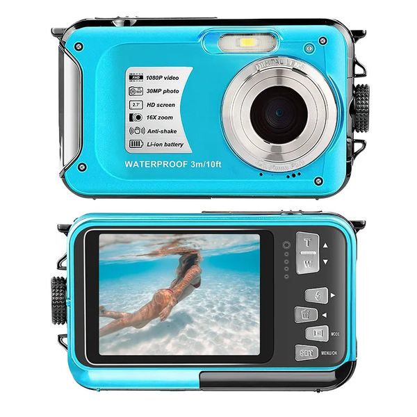 Videocamere Fotocamera impermeabile da 10 piedi po 30 megapixel video 1080P display doppio schermo selfie subacqueo per lo snorkeling 231006