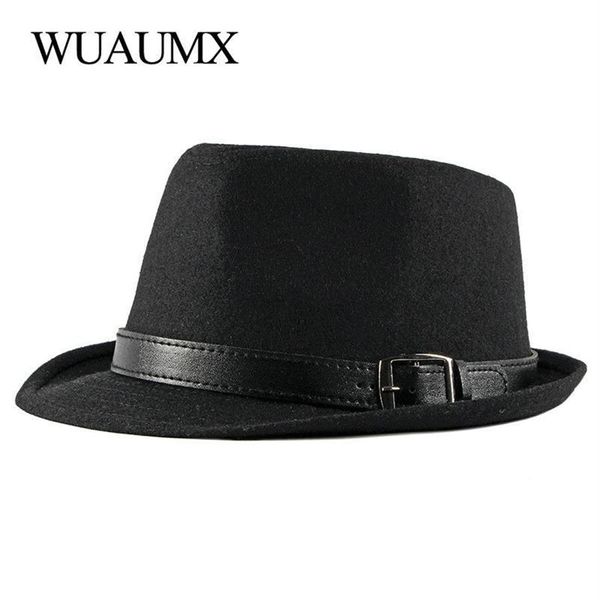 Wuaumx Sonbahar Kış Retro Caz Şapkaları Orta Yaşlı Erkekler Erkek Katı Trilby Panama Şapkası Siyah Bowler Geniş Brim235D için Fedoras Cap Hisset