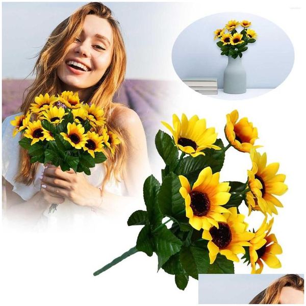 Ghirlande di fiori decorativi Autunno Tessuto Ghirlanda Gambi floreali Bouquet di girasoli artificiali con foglie di seta per feste in ufficio a casa e Dh2Ob