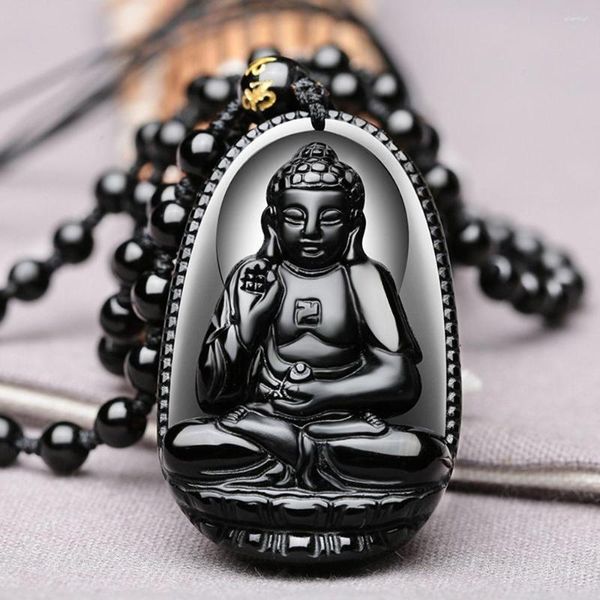 Colares Pingente Lucky Jewelry Corda Esculpida Preto Natural Obsidian Buddha Bead Colar Corrente