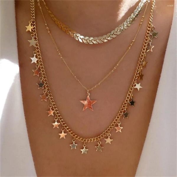 Anhänger Halsketten Gold Farbe Pfeil Olivenblatt Kette Stern Quaste Halskette Für Frauen Weibliche Mädchen Mehrschichtige Geometrische Schmuck Party Geschenk