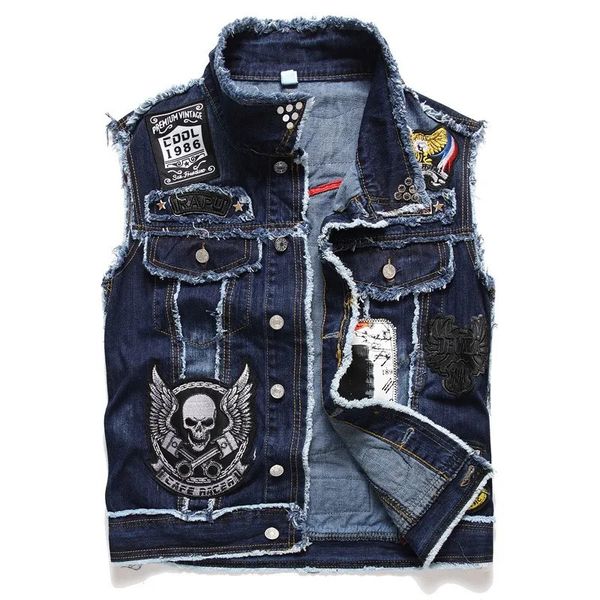 Coletes masculinos crânio remendo rebite azul denim colete homens punk rock rebite cowboy jeans colete moda motocicleta motociclista sem mangas jaqueta 231005