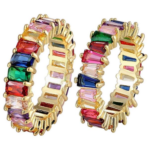 Dünner Baguette-Regenbogen-CZ-Goldring für Damen, modisch, Verlobung, Hochzeit, Top-Qualität, Charm-Schmuck236Y