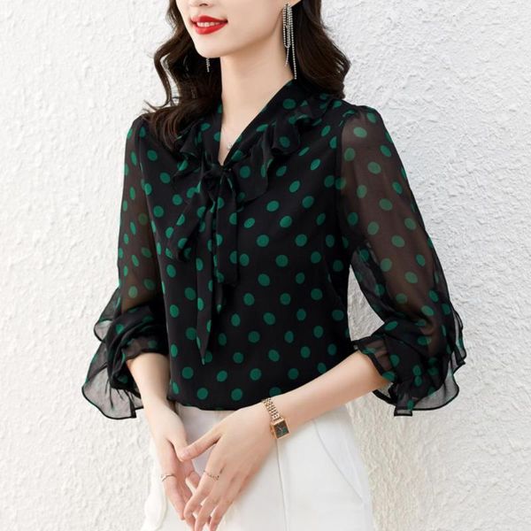Женские блузки, женские рубашки в горошек, осенняя модная блузка с v-образным вырезом и длинными рукавами, Femininas, повседневная черно-зеленая рубашка 2023