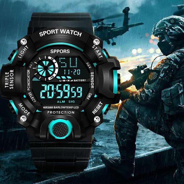 Kol saatleri yikaze erkekler izleme moda sporları elektronik kol saati büyük kadran çok işlevli su geçirmez parlak alarm erkek bileziği