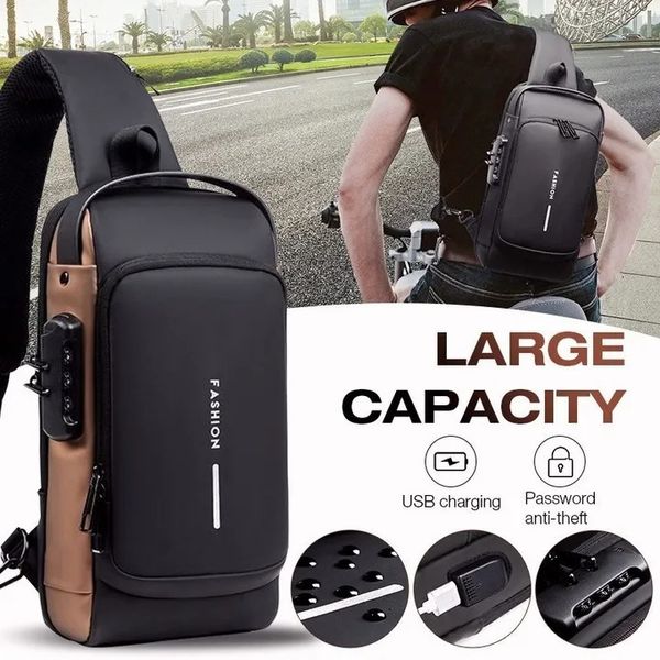 Sacos escolares multifuncionais de couro de patente saco de peito homens à prova d'água crossbody antifurto viagem ombro usb carregamento esporte sling pack 231005