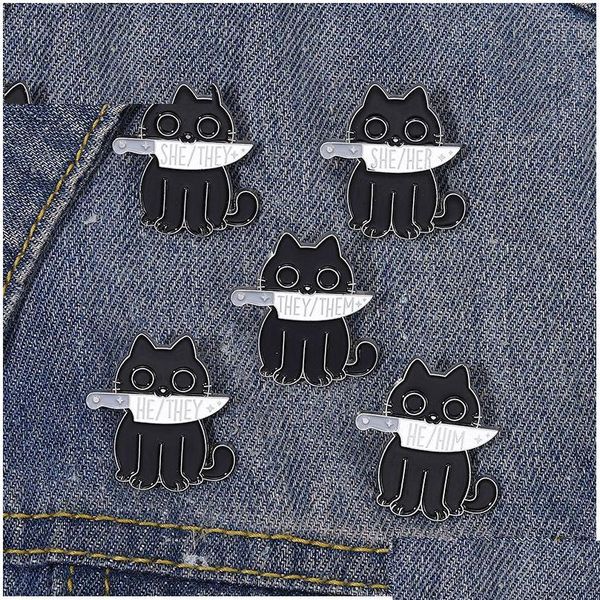 Pinos broches gato preto pronomes esmalte pino punk broche ele ela eles faca animais emblema bruxa lapela gatinho goth jóias presente amigo