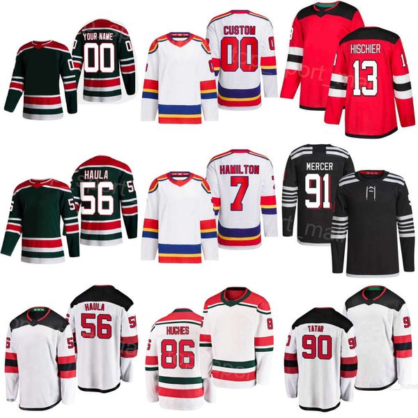 Homens Crianças Mulheres Hóquei 86 Jack Hughes Jerseys 13 Nico Hischier 7 Dougie Hamilton 63 Jesper Bratt 91 Dawson Mercer 90 Tomas Tatar 56 Erik Haula Bordado Retro Reverso