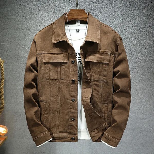 Jaquetas masculinas jaqueta jeans marrom primavera e outono moda de alta qualidade estiramento fino ajuste jaqueta denim roupas marca 231005