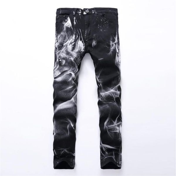 Jeans da uomo con stampa intera al ginocchio 3D stampato nero Rap Biker Jeans da uomo Hip Hop allentato slim lupo jeans skinny per uomo pantaloni denim Pl309w