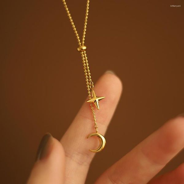 Ожерелья с подвесками RHYSONG, стильное ожерелье из нержавеющей стали 316L с кисточкой, лунной звездой и регулируемой цепочкой из бисера, элегантное модное женское золотое ожерелье