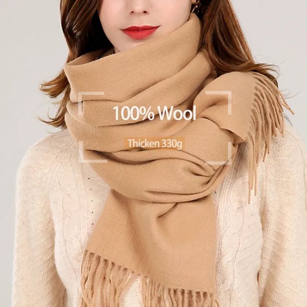 Lenços 100% lenço de lã real mulheres inverno marca de luxo xales e envoltórios para senhoras sólida pashmina rosa borla macia quente 231007