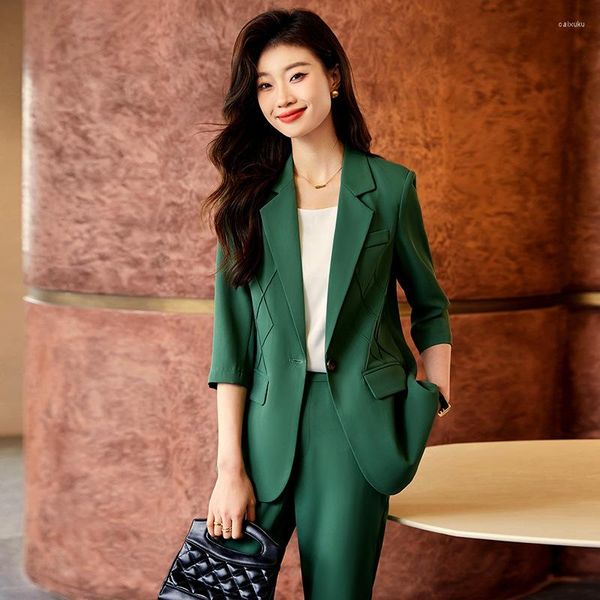 Calças femininas de duas peças terno marrom jaqueta primavera moda estilo coreano temperamento desgaste de negócios macacão casual