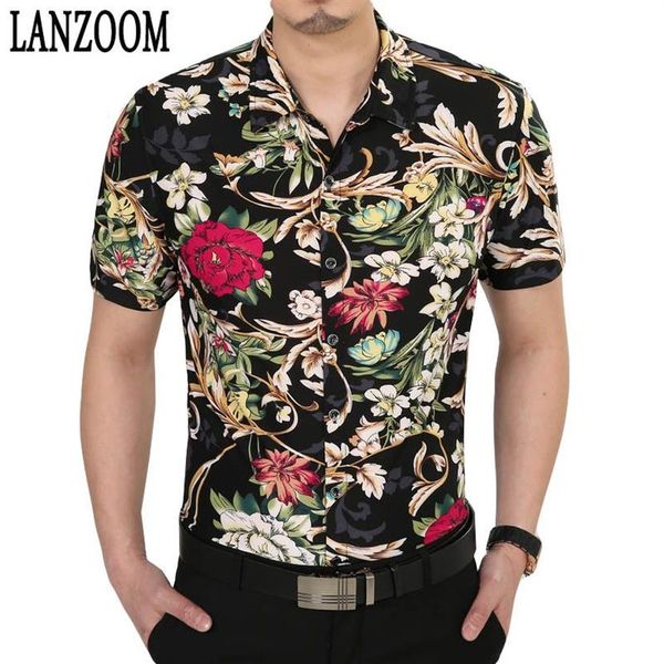 Marca superior design de manga curta camisas dos homens luxo elegante nobre grande impressão flor casual vestido camisa primavera verão dos homens top295s