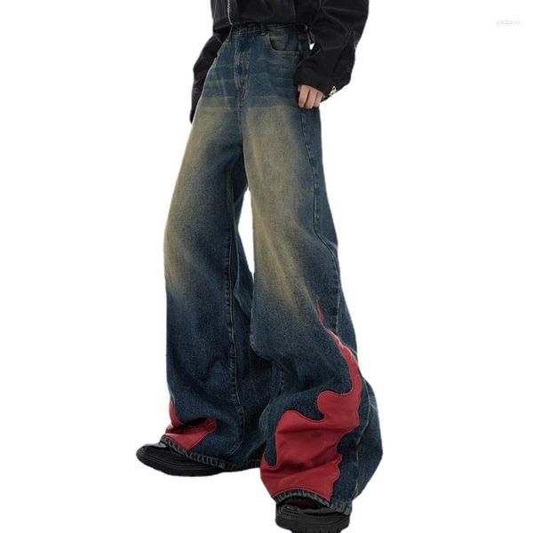 Pantaloni da uomo Designer Original Retro Y2g Jeans lavati stile avant-garde Pantaloni a zampa d'elefante in pelle PU con fiamma lavata da uomo