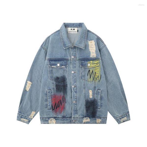 Casacos de trincheira masculinos estilo punk pintura spray denim jaqueta homens hip hop solto jeans casaco streetwear y2k cowboy para masculino