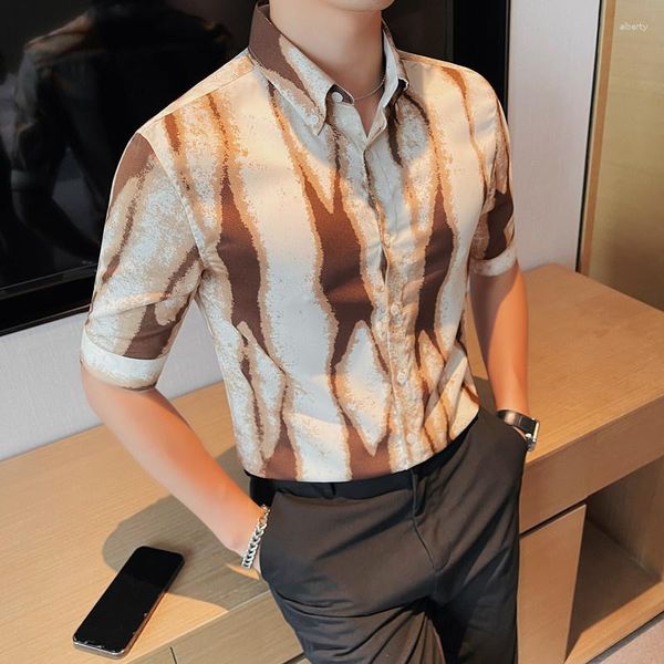 Erkekler Sıradan Gömlekler Marka Giyim Yaz Baskılı Gömlekler/Adam İnce Fit Moda İş Ofisi Elbise Yarım Kollu Gömlek