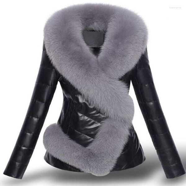 Pele feminina luxuosa moda jaqueta de couro feminina motocicleta curto gola falsa fino grosso quente casaco inverno parkas