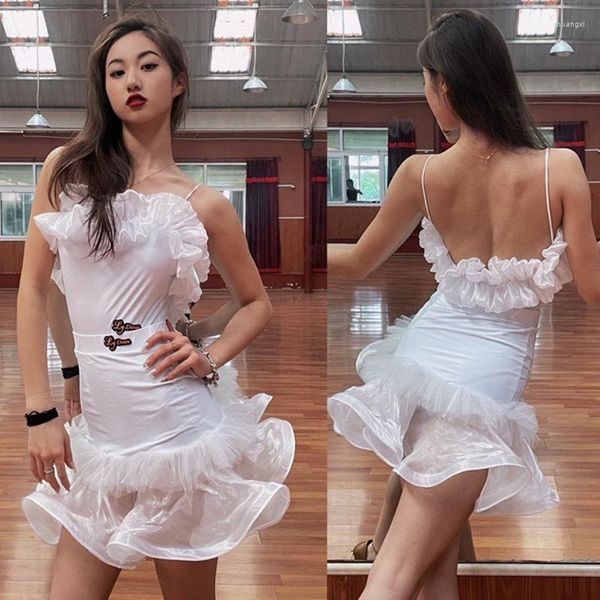 Stage Wear Costume da ballo latino Donna Bubble Ruffles Top Gonna Vestito da prestazione per adulti Rumba Dress Club Party Abiti neri DNV18485