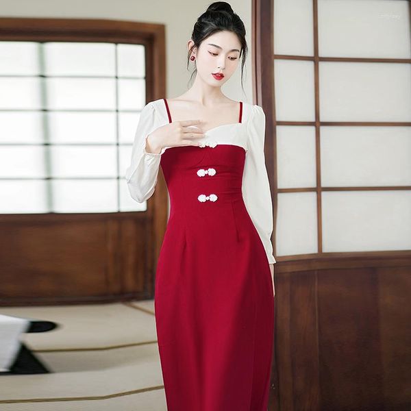 Vestidos casuais estilo chinês vintage para mulheres manga longa vermelho quadrado pescoço elegante temperamento vestido fino ajuste outono retro vestidos