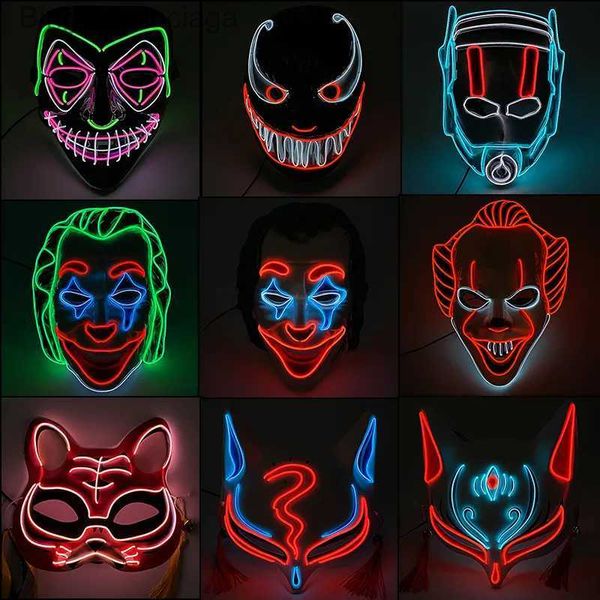 Tema Traje Horror Halloween Neon Máscara Palhaço Máscara Cosplay Party Come Plies Led Máscara Masquerade Party Máscaras Brilham no DarkL231008