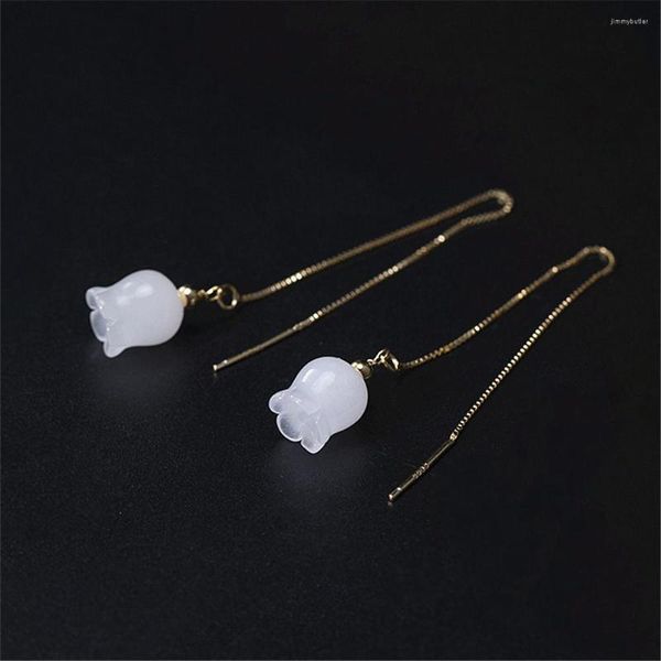 Pendientes colgantes Plata de Ley 925 auténtica piedras preciosas naturales Jade blanco joyería fina hecha a mano gota de flor para regalo de mujer