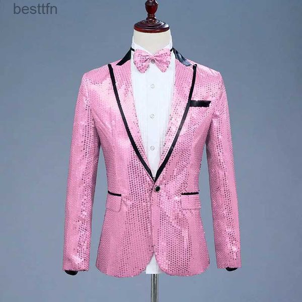 Costume a tema Abito con paillettes rosa Blazer con un bottone Brand New Nightclub Prom Giacca da uomo Giacca da matrimonio Cantante Vieni (Papillon incluso) L231007