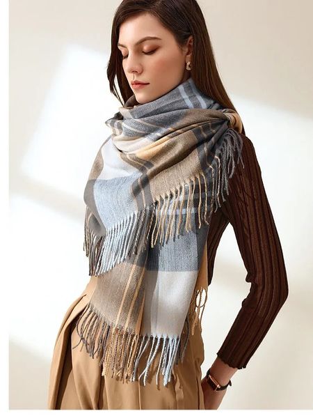 Lenços moda cashmere xadrez mulheres cachecol outono inverno quente xale envoltório bandana pashmina longa borla feminino foulard grosso cobertor 231007