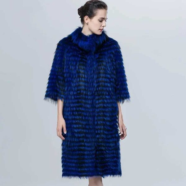 Женское меховое искусственное меховое пальто, бесплатная доставка, женское длинное полосатое стильное синее длинное пальто из натурального лисьего меха L231007