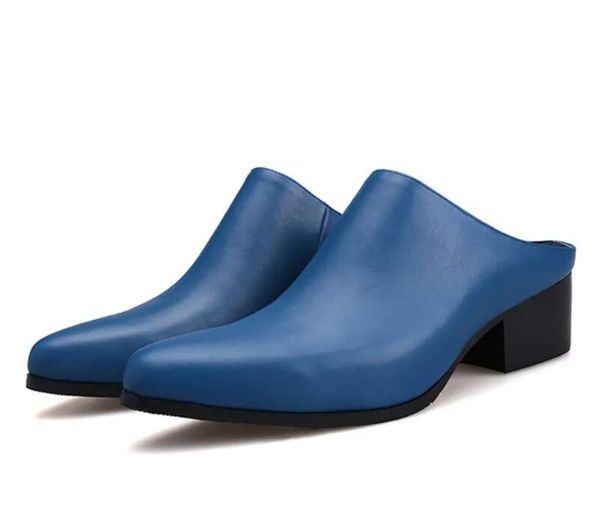 Herren Halbe Hausschuhe 5CM High Heels Schuhe Schwarz Blau Weiß Sommer Büro Sandalen Echtes Leder Spitz Mode Dias