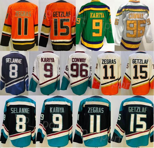 Мужской хоккей 8 Teemu Selanne Jersey Reverse Retro 96 Charlie Conway 9 Пол Кария 15 Райан Гетцлаф 11 Тревор Зеграс Стич Команда Черный Оранжевый Белый Грин для фанатов спорта