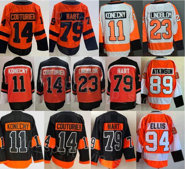 Mens Hóquei 11 Travis Konecny Jersey Reverse Retro 89 Cam Atkinson 94 Ryan Ellis 14 Sean Couturier 79 Carter Hart 50º aniversário Stadium Series Bordado Equipe