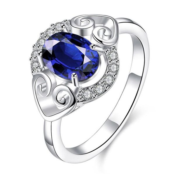 Bague en argent 925 avec diamants complets pour femmes, bague en forme de cœur, toute nouvelle pierre précieuse bleue, en argent sterling plaqué 204n, STPR007-B