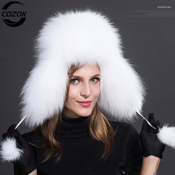 Berets 2023 Frauen Natürliche Pelz Russische Uschanka Hüte Winter Dicke Warme Ohren Mode Bomber Hut Weibliche Echte Echte Kappen