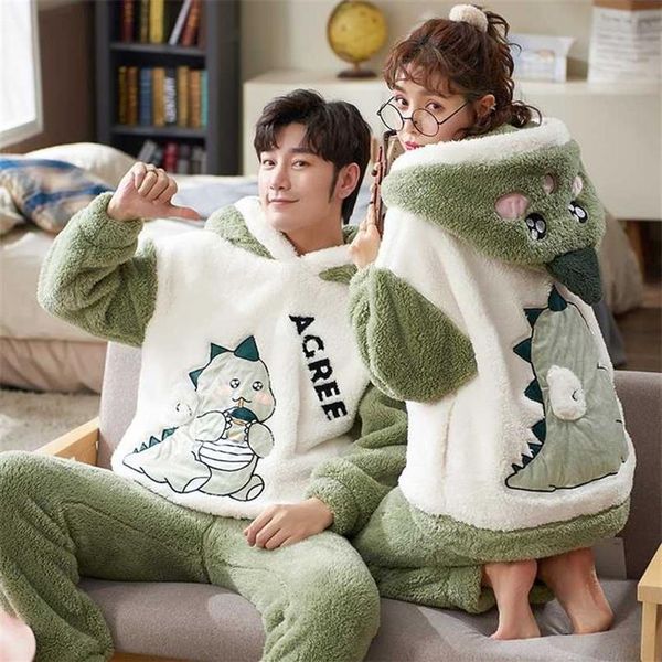 Casais pijamas conjuntos homens homens de inverno engrossar pijamas para dormir desenho animado dinossauro amantes coreanos calúdicos de roupas homeiandes pijama 212735