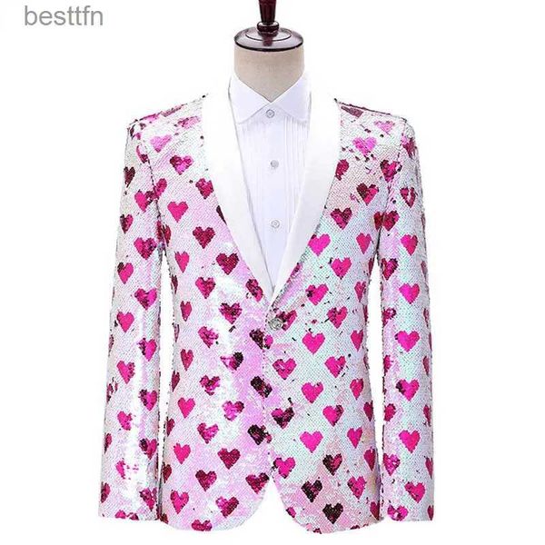 Costume a tema Elegante cuore stampa paillettes smoking giacca da uomo un bottone Shl risvolto giacca da uomo festa di nozze sposo cantante di scena ComeL231007