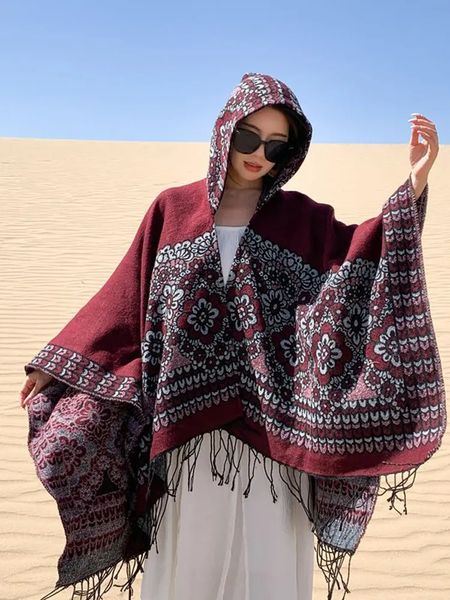 Schals Poncho Frau Vintage Quaste Schal Winter Blumendruck Split Thermal Cape Mit Kapuze Doppelseitig Pashimina 231007