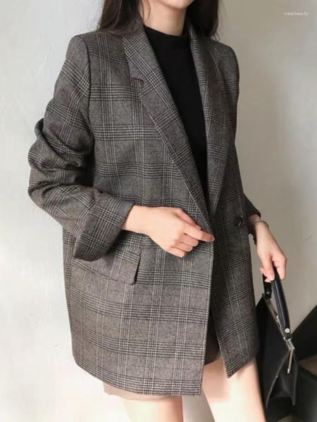 Ternos femininos jaqueta 2023 solto casual blazer moda feminina versátil senhora do escritório roupas femininas simplicidade xadrez coreano outono roupas